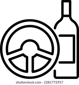 Don't drink and drive: steering wheel and bottle. Thin line icon. Modern vector illustration of warning symbol.