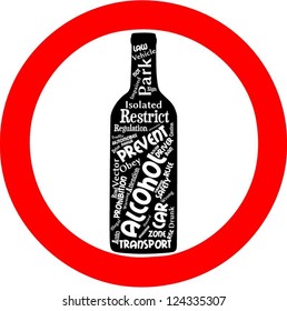 Don't drive after alcohol symbol with word cloud inside bottle of wine.