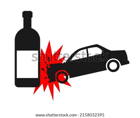 don't drive drunk isolated on white background. Car crash with alcohol bottle. No alcohol sign. black traffic accident symbol vector illustration in flat style.