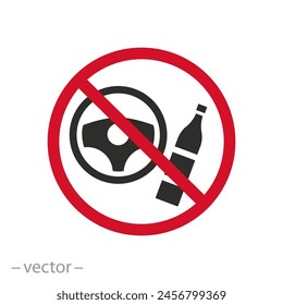 don't drunk driving icon, prohibition drink and drive, wine bottle with car wheel, flat vector illustration