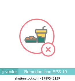 Dont eat and drink in muslim fasting month. Avoid eating or drinking in public during daylight in Ramadan Kareem. No food and drink, ramadan icon.Vector illustration. Design on white background. EPS10