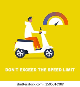 Don't exceed the speed limit. Young male character driving a scooter. Flat editable vector illustration, clip art. Safety. Millennial lifestyle.