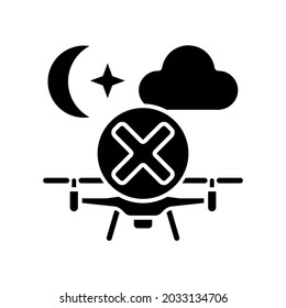 Dont fly drone at night black glyph manual label icon. Daylight-only operation. Night flying hazard. Silhouette symbol on white space. Vector isolated illustration for product use instructions