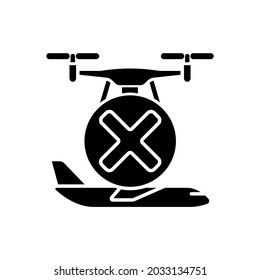 Dont Fly Near Aircrafts Black Glyph Manual Label Icon. Stay Away From Airports. Drone Flight Restriction. Silhouette Symbol On White Space. Vector Isolated Illustration For Product Use Instructions