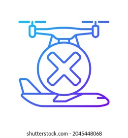 No vuele cerca del icono de etiqueta manual del vector lineal de gradiente de las aeronaves. Evitar aeropuertos. Símbolo de color de línea delgada. Pictograma de estilo moderno. Esquema aislado de vectores para las instrucciones de uso del producto