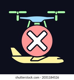 Dont fly near aircrafts RGB color manual label icon for dark theme. Isolated vector illustration on night mode background. Simple filled line drawing on black for product use instructions