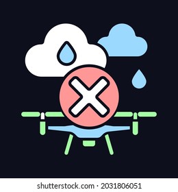 Dont fly when heavy rain RGB color manual label icon for dark theme. Isolated vector illustration on night mode background. Simple filled line drawing on black for product use instructions