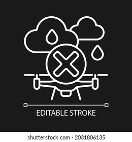 Dont fly when heavy rain white linear manual label icon for dark theme. Thin line customizable illustration. Isolated vector contour symbol for night mode for product use instructions. Editable stroke