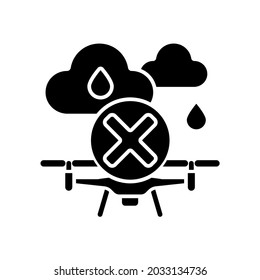 Dont fly when heavy rain black glyph manual label icon. Not waterproof drone. Moisture exposure hazard. Silhouette symbol on white space. Vector isolated illustration for product use instructions