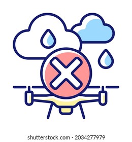 Dont fly when heavy rain RGB color manual label icon. Not waterproof drone. Moisture exposure hazard. Isolated vector illustration. Simple filled line drawing for product use instructions