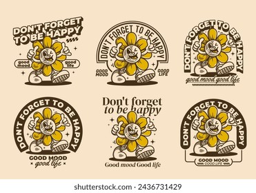 Don't forget to be happy. Walking sun flower mascot character illustration in vintage retro style