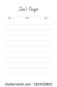 Don't Forget. Blank printable vertical notebook page. Vector 8 ESP.