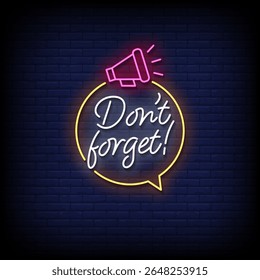 dont forget neon sign with brick wall background vector