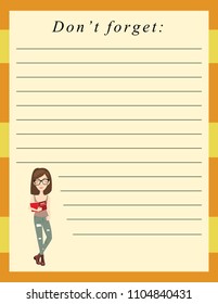 Don't forget planner page. Monthly Planner. Cute page for notes. Weekly planner template. Organizer and schedule with place for notes. Vector illustration. Cute and trendy design.