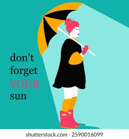 don't forget your sun illumtraui girl with an umbrella, bright boots up to a puddle and pink hair, black and orange umbrella