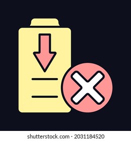 Dont Fully Drain Battery RGB Color Manual Label Icon For Dark Theme. Isolated Vector Illustration On Night Mode Background. Simple Filled Line Drawing On Black For Product Use Instructions