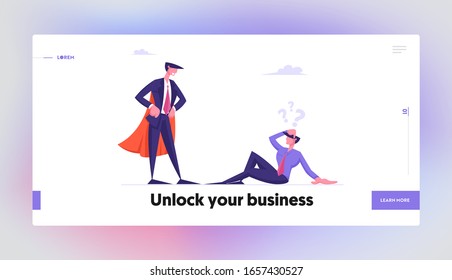 Dont Give Up, Never Stop Trying Motivation Website Landing Page. Confused Businessman Sitting on Ground Look at Successful Super Hero Business Man Web Page Banner. Cartoon Flat Vector Illustration