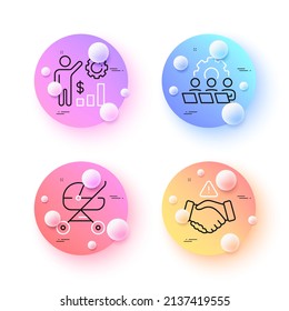 Dont handshake, Baby carriage and Teamwork minimal line icons. 3d spheres or balls buttons. Employees wealth icons. For web, application, printing. Clean hand, Pram trolley, Remote work. Vector