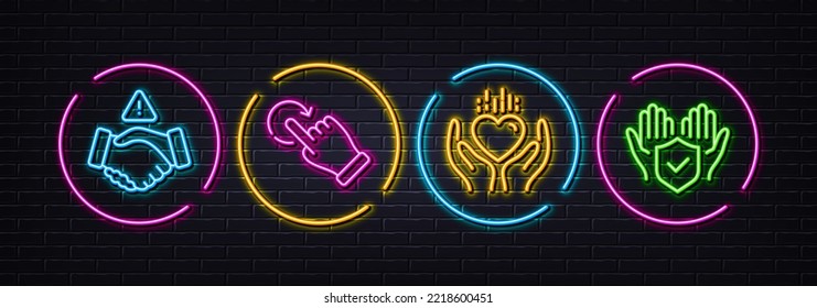 No apretar la mano, mantener el corazón y gesto de rotación iconos mínimos de línea. Luces 3d láser neón. Iconos de la mano del seguro. Para web, aplicación, impresión. Mano limpia, amor cuidado, Deshacer. Cobertura completa. Vector