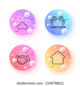 Dont handshake, Pet shelter and Clean hands minimal line icons. 3d spheres or balls buttons. Dog paw icons. For web, application, printing. Clean hand, Dog house, Hygiene care. Pets. Vector