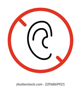 Dont hear symbol, ear restriction, deaf line icon. Limit hear sign. Ear no. Danger to hear. Icon of ear in red prohibition circle. Vector illustration