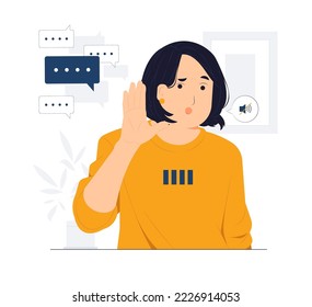 What? I don't hear you! Woman standing with hand near ear and listening to whisper, difficult to understand quiet talk, Hearing, curiosity, gossip, deafness, pay attention concept illustration