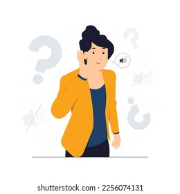 What? I don't hear you! Woman standing with hand near ear and listening to whisper, difficult to understand quiet talk, Hearing, curiosity, gossip, deafness, pay attention concept illustration