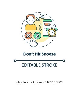 Dont Hit Snooze Concept Icon. Get Up Early Morning. Healthy Life Abstract Idea Thin Line Illustration. Isolated Outline Drawing. Editable Stroke. Roboto-Medium, Myriad Pro-Bold Fonts Used