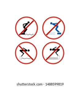 Don't jump into the water. Dangerous dive set sign. Sign danger on beach, in river, sea, aqua. Warning of danger during jump in. Colorful template for poster. Design flat element. Vector illustration