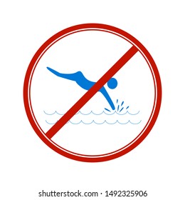 Dont jump into the water. Dangerous dive. Sign danger on beach, in river, sea, aqua. Warning of danger during jump in. Colorful template for poster, etc. Design flat element. Vector illustration