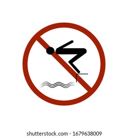 Dont jump into the water. Dangerous dive. Sign danger on beach, in river, sea, aqua. Warning of danger during jump in. Colorful template for poster. Design flat element. Vector illustration