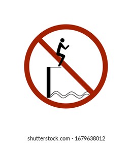 Dont jump into the water. Dangerous dive. Sign danger on beach, in river, sea, aqua. Warning of danger during jump in. Colorful template for poster. Design flat element. Vector illustration