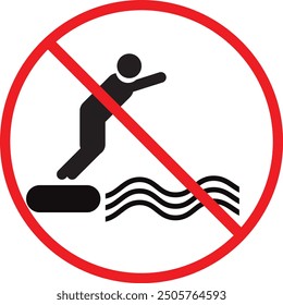 Springt nicht ins Wasser! Gefährlicher Tauchgang. Schild Gefahr am Strand, im Fluss, im Meer, im Wasser. Warnung vor Gefahr beim Einspringen. Farbige Vorlage für Poster, etc. Flaches Element entwerfen. Vektorgrafik	