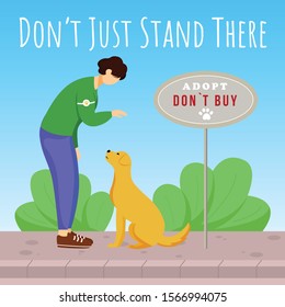 Dont just stand there social media post mockup. Animal shelter advertising web banner design template. Social media booster, content layout. Promotion poster, print ads with flat illustrations