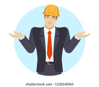 I don't know. Businessman in construction helmet with an I don't know gesture. Portrait of businessman in a flat style. Vector illustration.