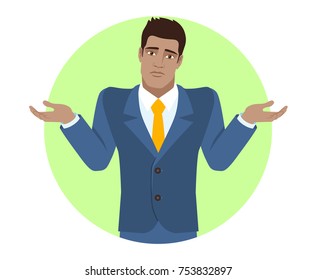 I don't know. Businessman with an I don't know gesture. Portrait of Black Business Man in a flat style. Vector illustration.