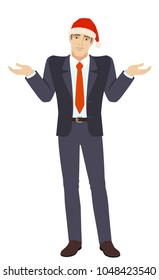 I don't know. Businessman in Santa hat with an I don't know gesture. Full length portrait of businessman in a flat style. Vector illustration.