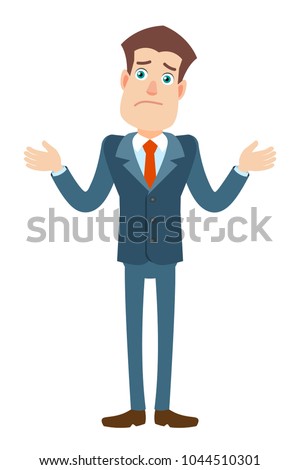 I don't know. Businessman shrugging his shoulders. Full length portrait of Cartoon Businessman Character. Vector illustration in a flat style.