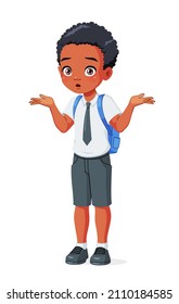 I don't know. Confused African American school boy in uniform shrugging shoulders. Cartoon vector illustration isolated on white background.