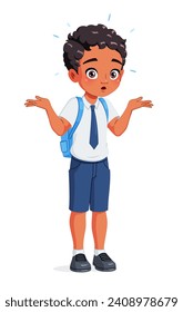 I dont know. Confused Indian school boy in uniform shrugging shoulders. Cartoon vector illustration isolated on white background.