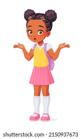 I don't know. Confused little African American girl shrugging shoulders. Cartoon vector illustration isolated on white background.