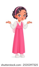 I dont know. Confused little Arab school girl shrugging shoulders. Cartoon vector illustration isolated on white background.