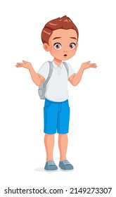 I don't know. Confused school boy in uniform shrugging shoulders. Cartoon vector illustration isolated on white background.