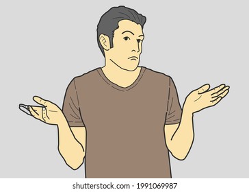 I don't know. Young man showing helpless gesture with arm and hands, mouth curved as if he does not know what to do. hand drawn style vector design illustrations.