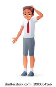 I don't know. Young student boy in school uniform. Surprised puzzled kid scratching his head and shrugging shoulders. Cartoon style vector illustration isolated on white background.