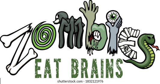 Don't let the zombies eat your brains. This design features the word zombie composed of zombie parts.  svg