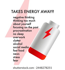 Don't list, things that make life unsuccessful, things not to do, example of mistakes concept, battery sign. Vector illustration EPS 10