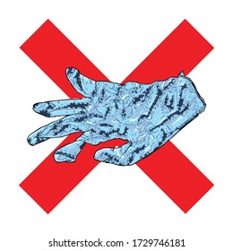 No hagas señas de basura. Deja de tirar guantes usados peligrosos. No contaminar la ciudad eliminando los desechos biológicos en la calle. Dibujo de advertencia de prevención Coronavirus COVID-19. 