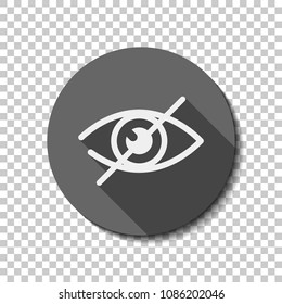 dont look, crossed out eye. simple icon. White flat icon with long shadow in circle on transparent background. Badge or sticker style