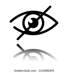 dont look, crossed out eye. simple icon. Black icon with mirror reflection on white background